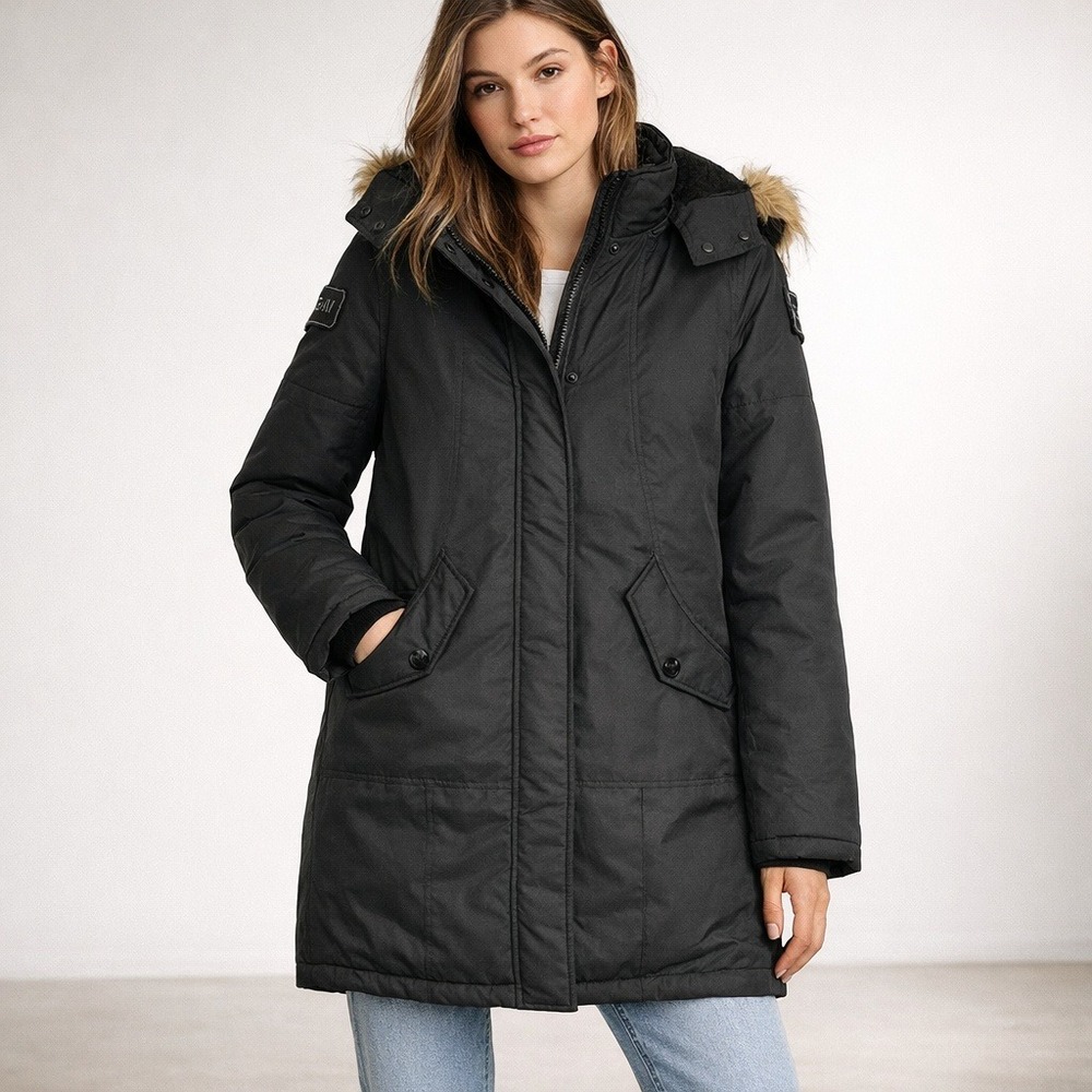 Fur Lined Hood PSG Black Mid Length Winter Parka‎ Coat Large